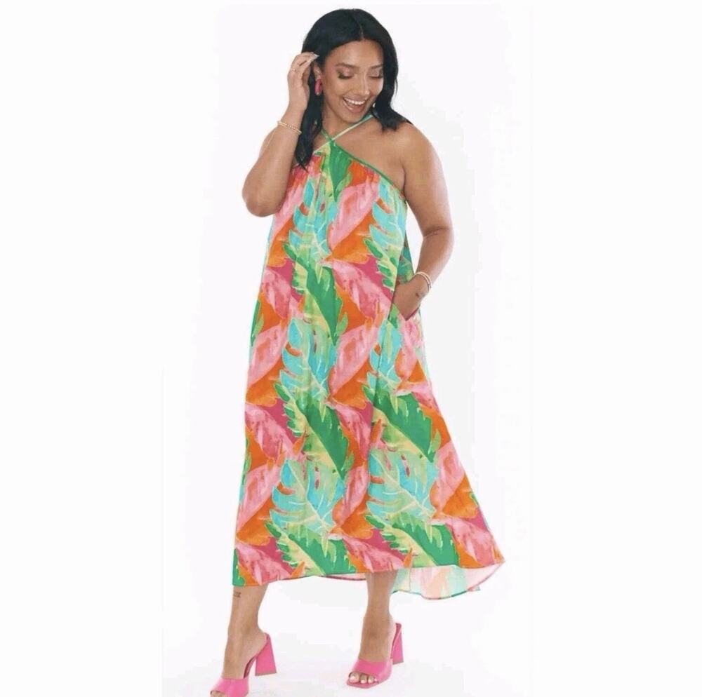 Show Me Your Mumu Lexington Midi Dress Tropical Palm Linen Blend Size S Made USA
